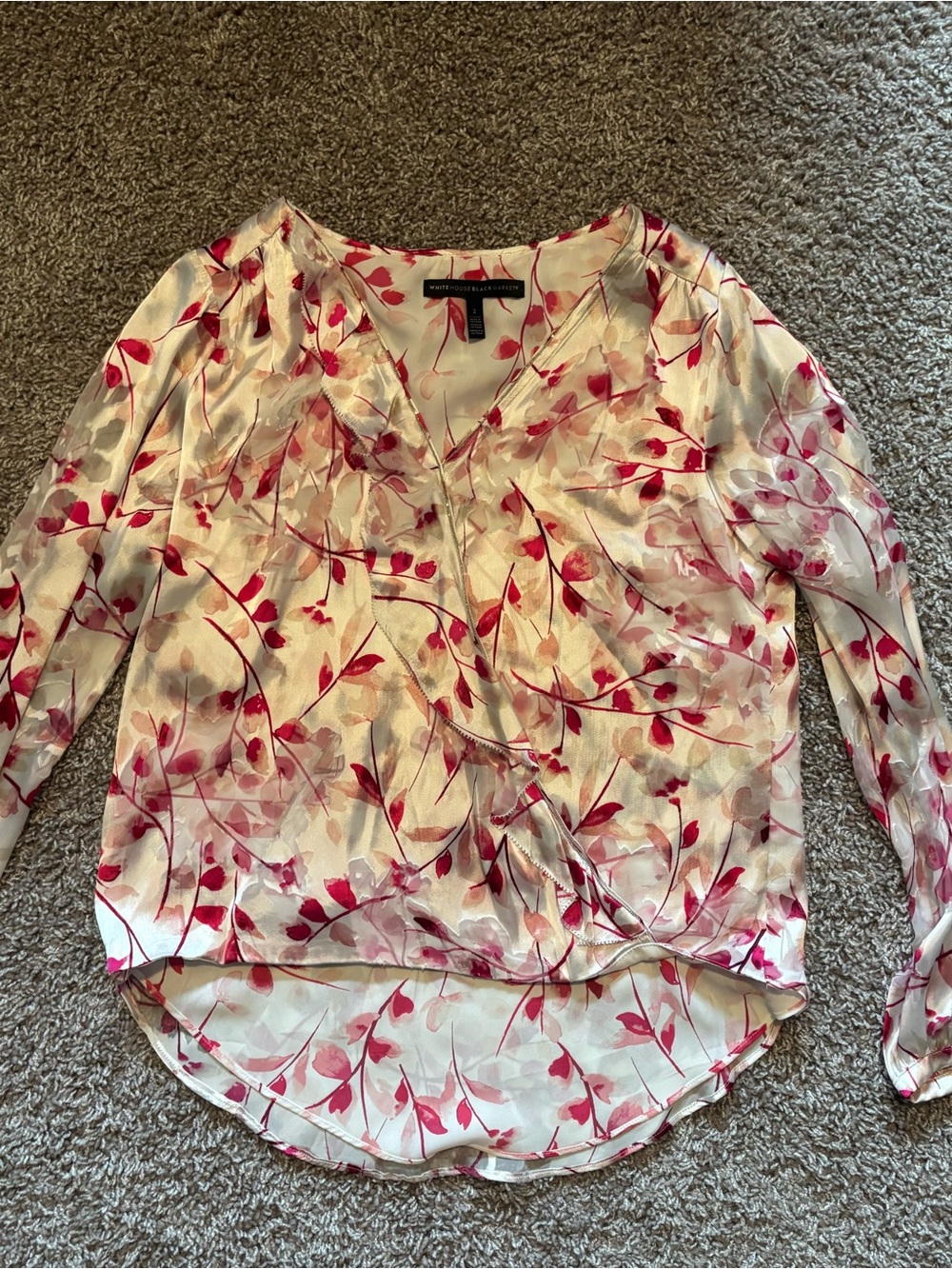 White House Black Market White Blouse with Pink Floral Print